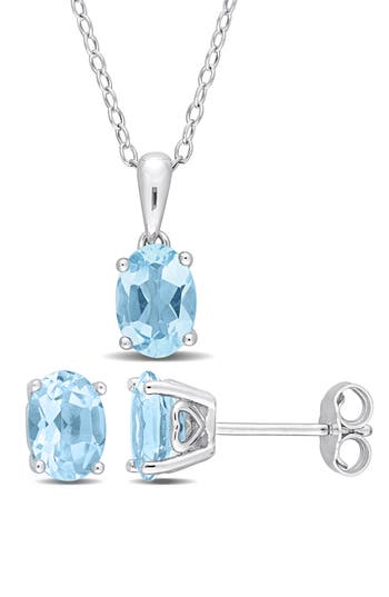 Delmar Sky Blue Topaz Stud Earrings & Pendant Necklace Set In Blue