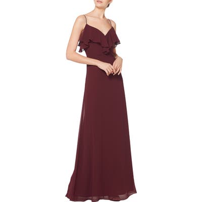 #levkoff Jeweled Strap Ruffle Neck Chiffon Gown, Burgundy