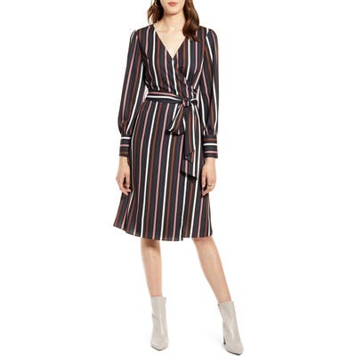 Petite Halogen Long Sleeve Wrap Dress, Black