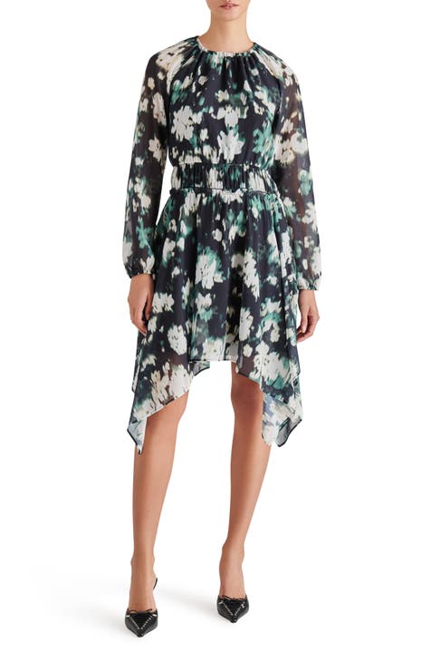 Floral Ruched Long Sleeve Handkerchief Dress