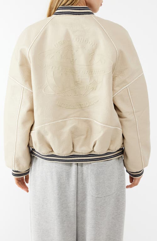 Iets Frans Varsity Faux Leather Bomber Jacket In Cream