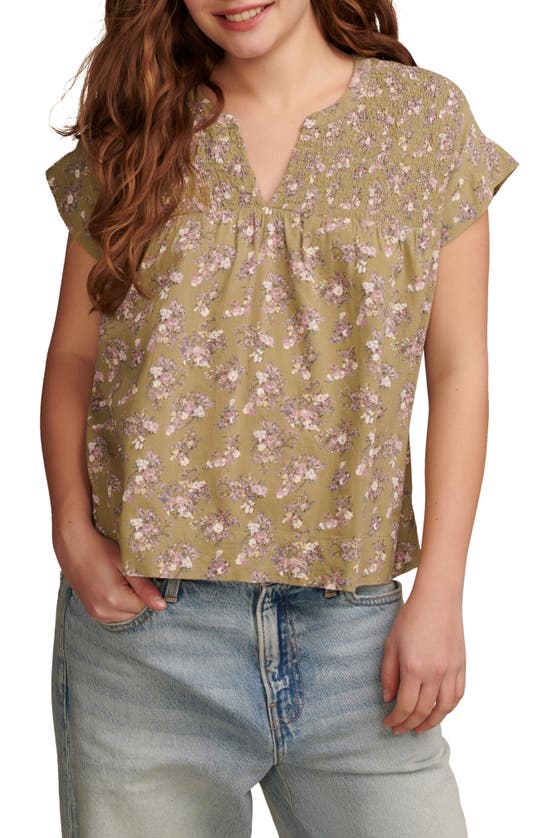 Lucky Brand Print Smocked Top In Green Multi