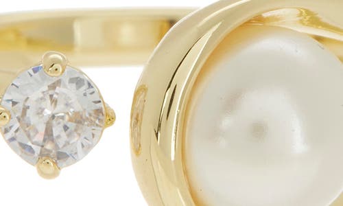 Shop Covet Open Loop Imitation Pearl & Cz Ring In Gold/white