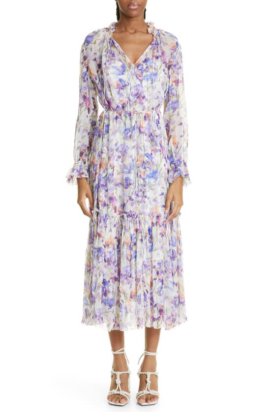 Zimmermann Tama Floral Semisheer Tiered Long Sleeve Silk Midi Dress In ...