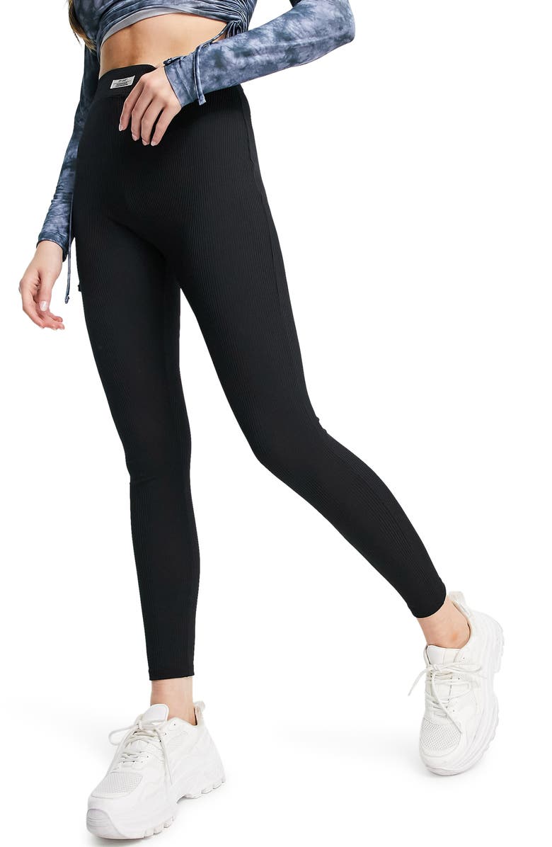 TOPSHOP Ribbed Leggings, Main, color, BLACK