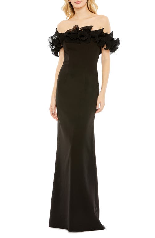 Off the Shoulder Ruffle Sheath Gown in Black