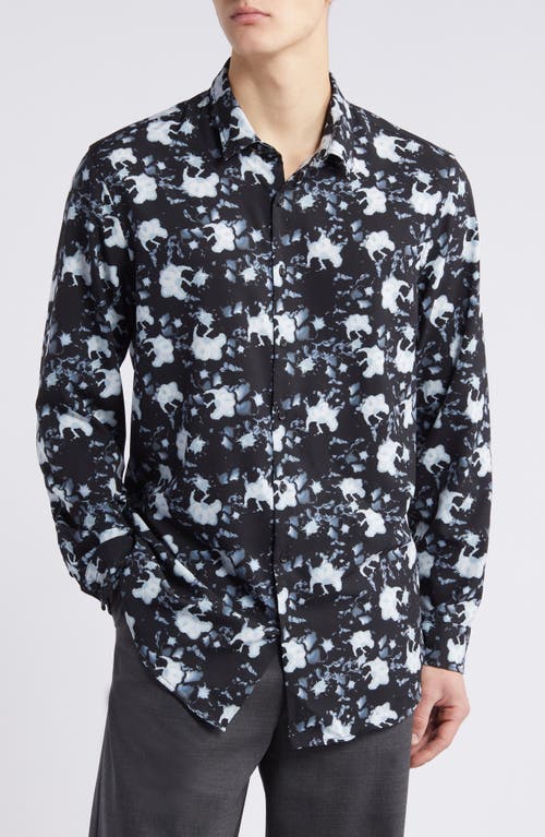 Open Edit Extra Trim Floral Stretch Button-Up Shirt Black-Blue Digital Fleur at Nordstrom,