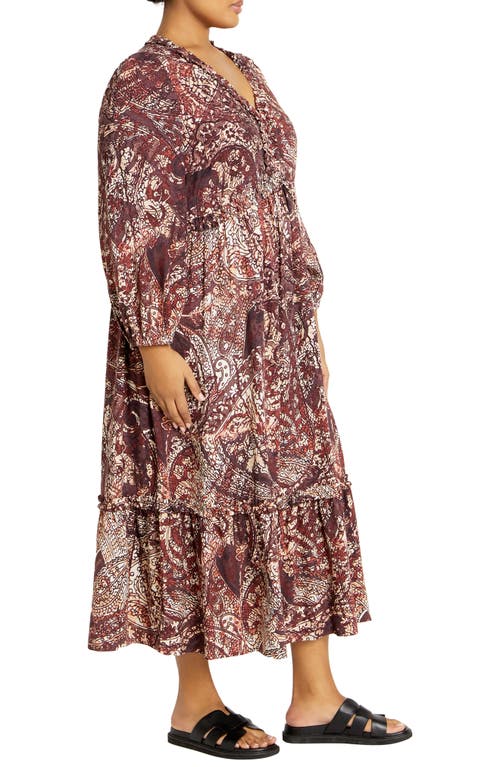 City Chic Gaia Long Sleeve Tiered Maxi Dress In Cocoa Paisley