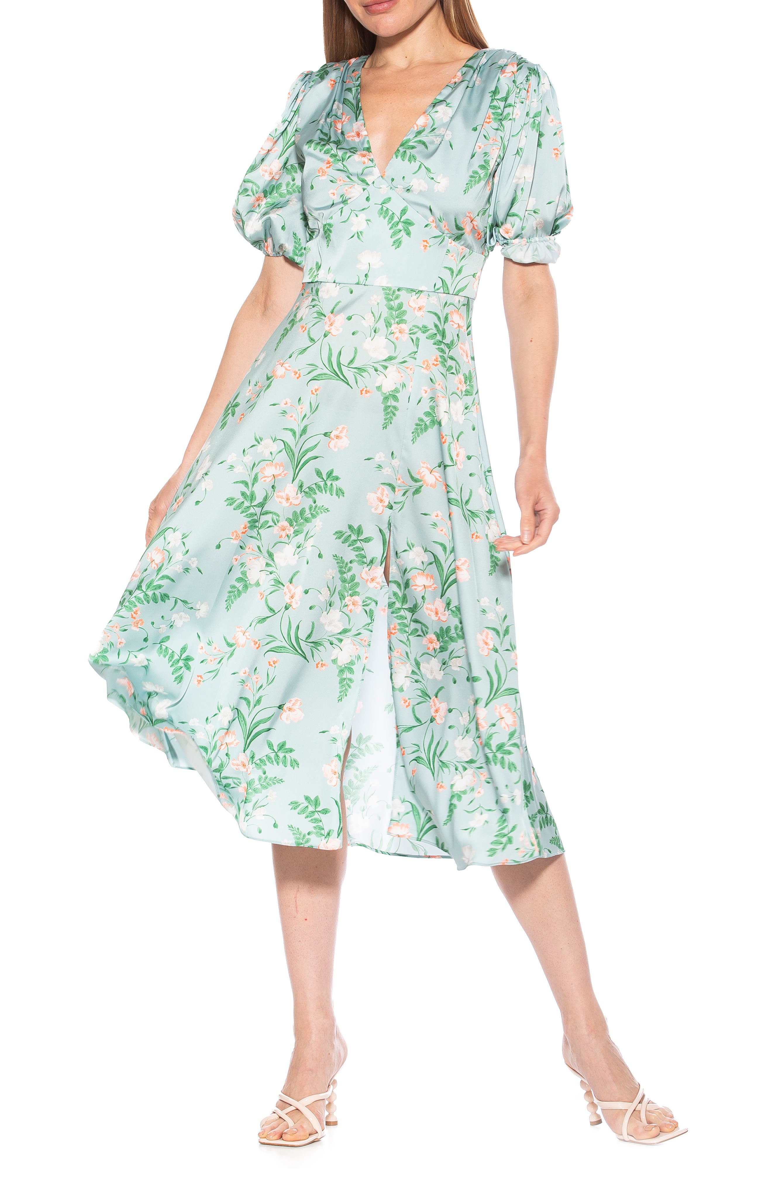 1940s Clothing Alexia Admor V-Neck Puff Sleeve Midi Dress in Sage Floral at Nordstrom Rack Size 14 $79.97 AT vintagedancer.com