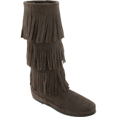 Minnetonka 3-Layer Fringe Boot, Grey