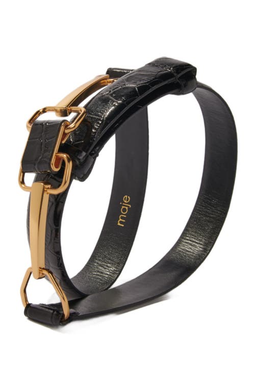 Maje Horsebit Croc Embossed Leather Belt In Black