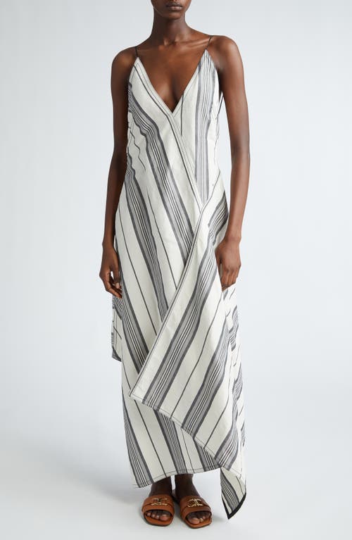 Shop Ferragamo Stripe Asymmetric Midi Dress In Ecru/nero/ash Grey