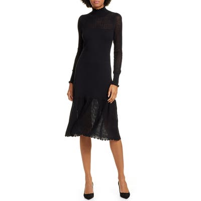 La Vie Rebecca Taylor Pointelle Long Sleeve Cotton & Wool Sweater Dress, Black