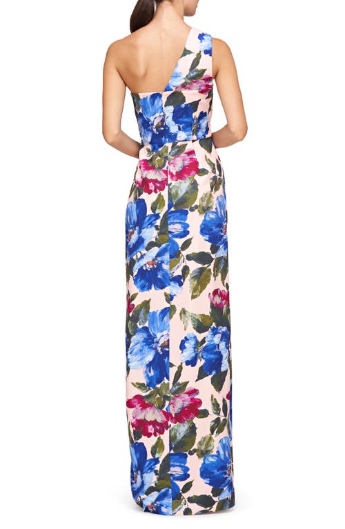 Shop Kay Unger Laurel Floral One-shoulder Gown In Spring Blue