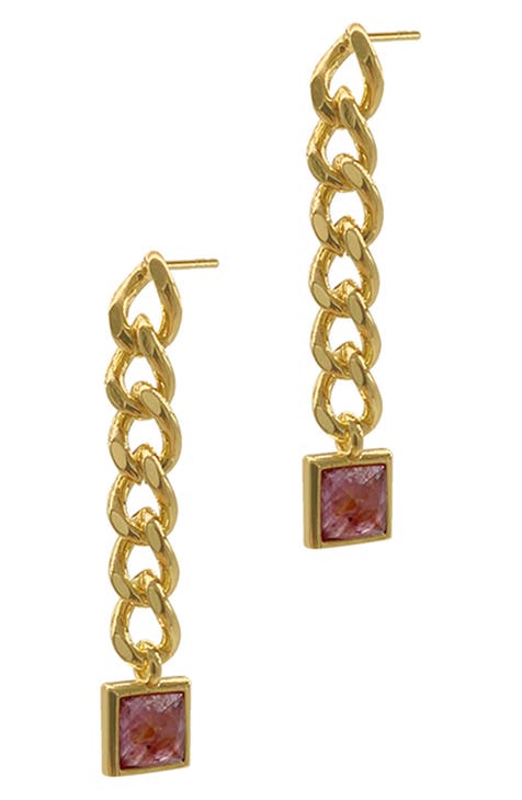 14K Gold Plated Sterling Silver Ruby Curb Chain Drop Earrings