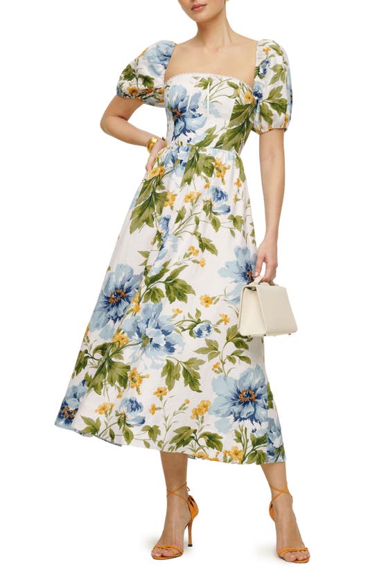 Shop Reformation Marella Floral Midi Linen A-line Dress In Botanist