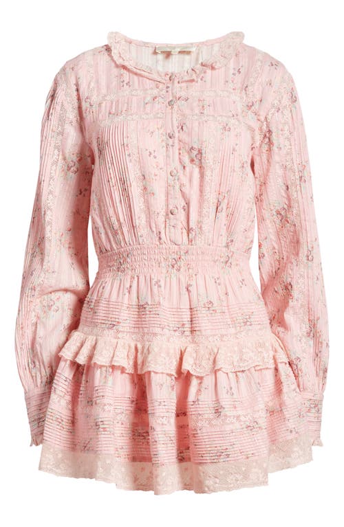 Shop Loveshackfancy Quinty Floral Metallic Stripe Long Sleeve Cotton Blend Minidress In Pink Dusk