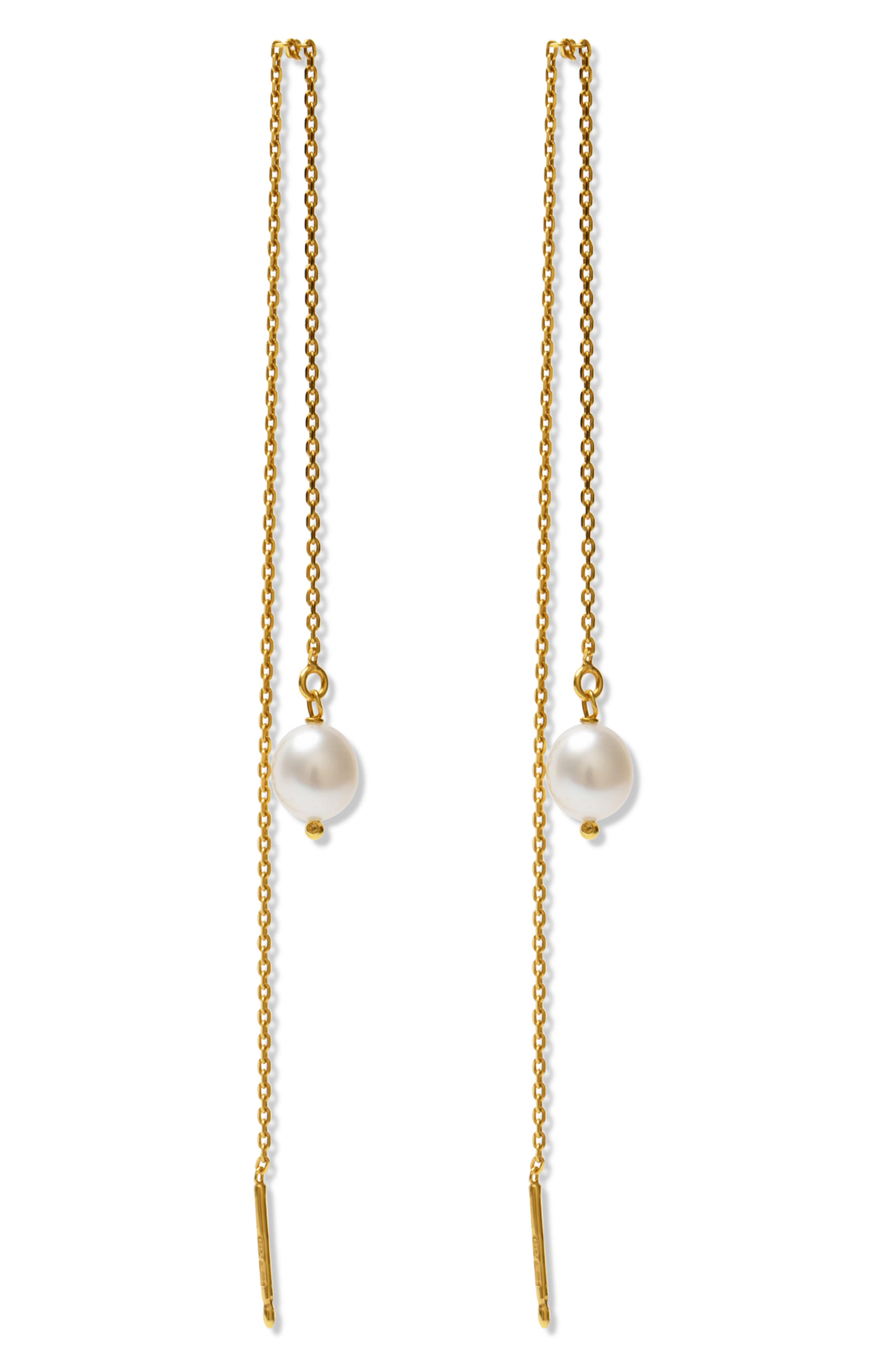 Argento Vivo Sterling Silver Cultured Pearl Chain Threader Earrings in Gold 