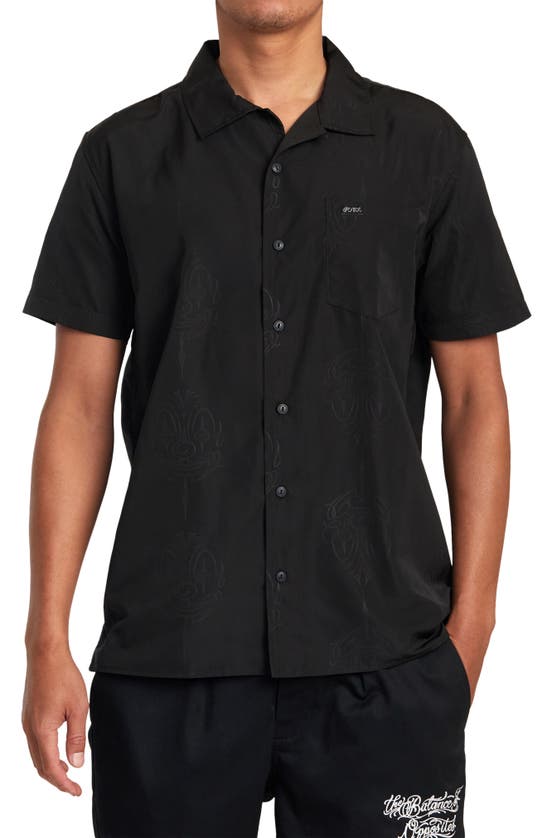 Rvca Mister Cartoon Smile Now Print Short Sleeve Button-up Shirt In Black