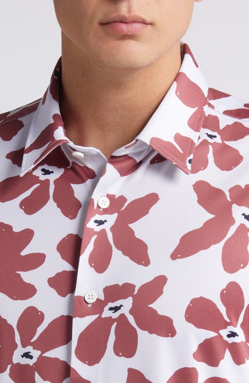 Shop Hugo Boss Boss Roan Slim Fit Leaf Print Short Sleeve Stretch Button-up Shirt In Open Red