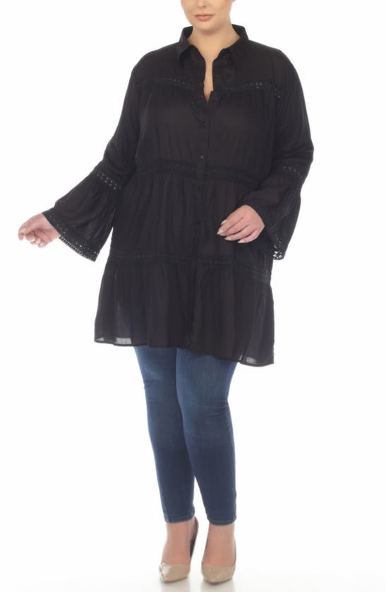 Shop Boho Me Lace Inset Long Sleeve Cover-up Shirtdress In Black