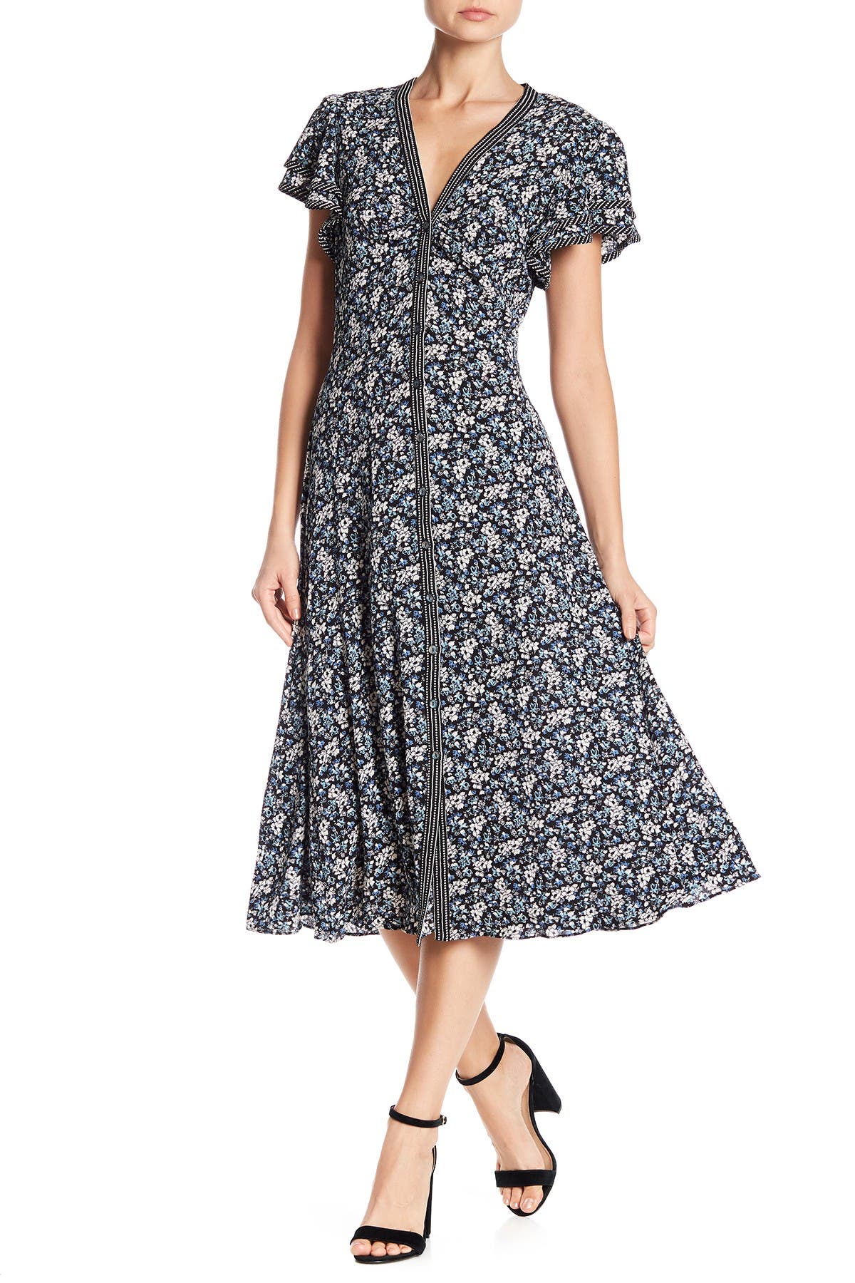 max studio flutter sleeve floral midi dress