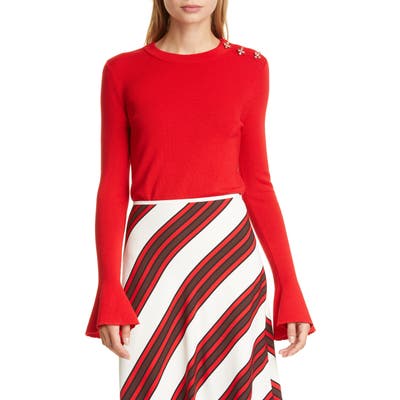 Tory Burch Bijoux Crystal Button Detail Merino Wool Sweater, Red