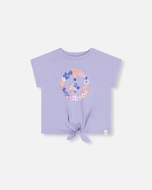 Deux Par Deux Little Girl's Organic Cotton Top With Print And Knot Grey Blue at Nordstrom