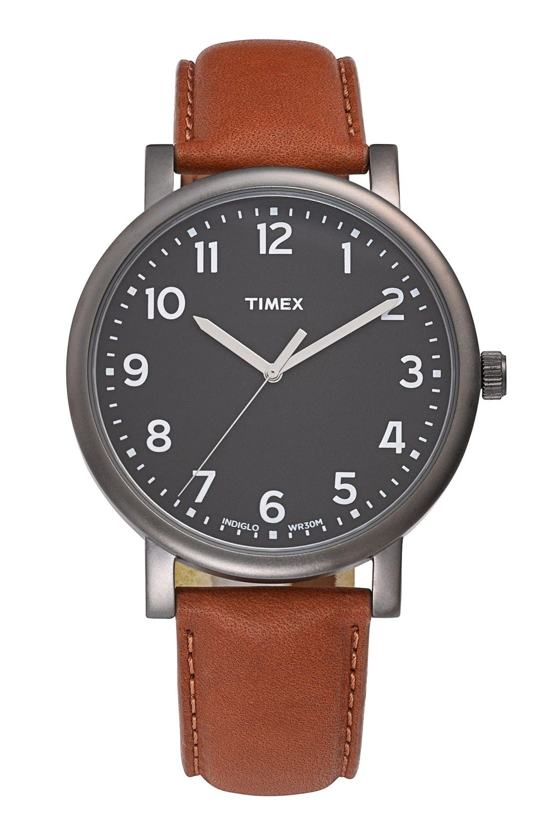 Timex® Round Leather Strap Watch, 42mm Nordstrom