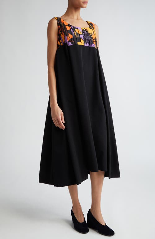 Comme des Garçons Floral Pleated Mixed Media High-Low Dress Black /Multi at Nordstrom,