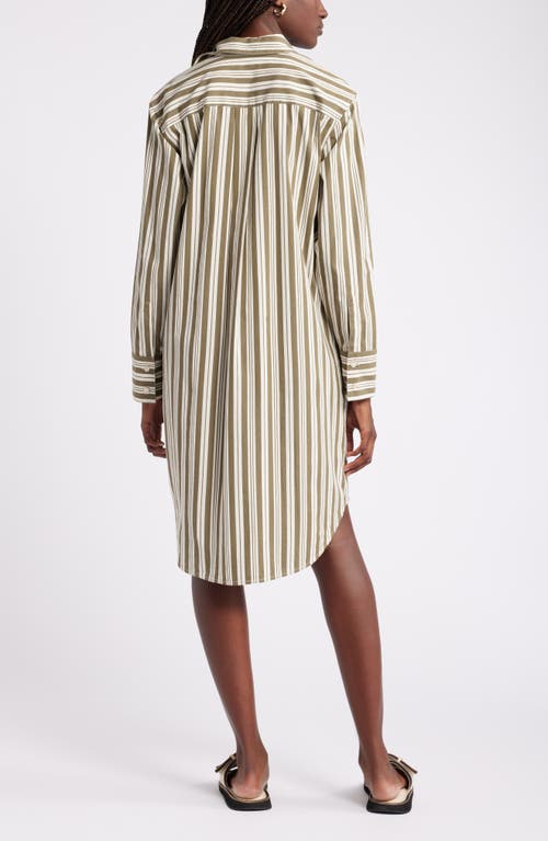 Shop Nordstrom Stripe Long Sleeve Cotton Shirtdress In Olive- Ivory Leon Stripe