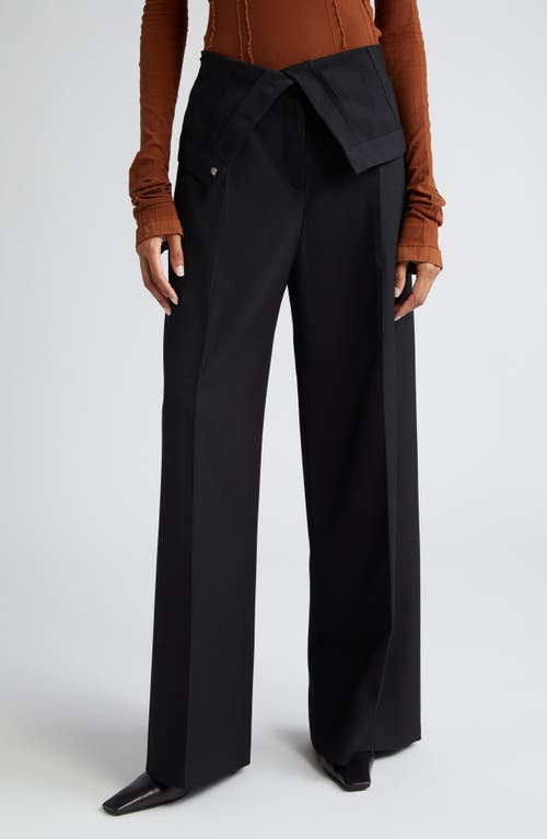 Foldover Waist Pleated Recycled Polyester & Wool Wide Leg Trousers in Black