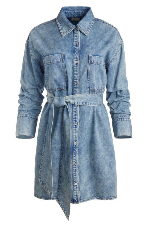 Shop Alice And Olivia Alice + Olivia Brigita Ruched Sleeve Denim Mini Shirtdress In Harlow Vintage Blue