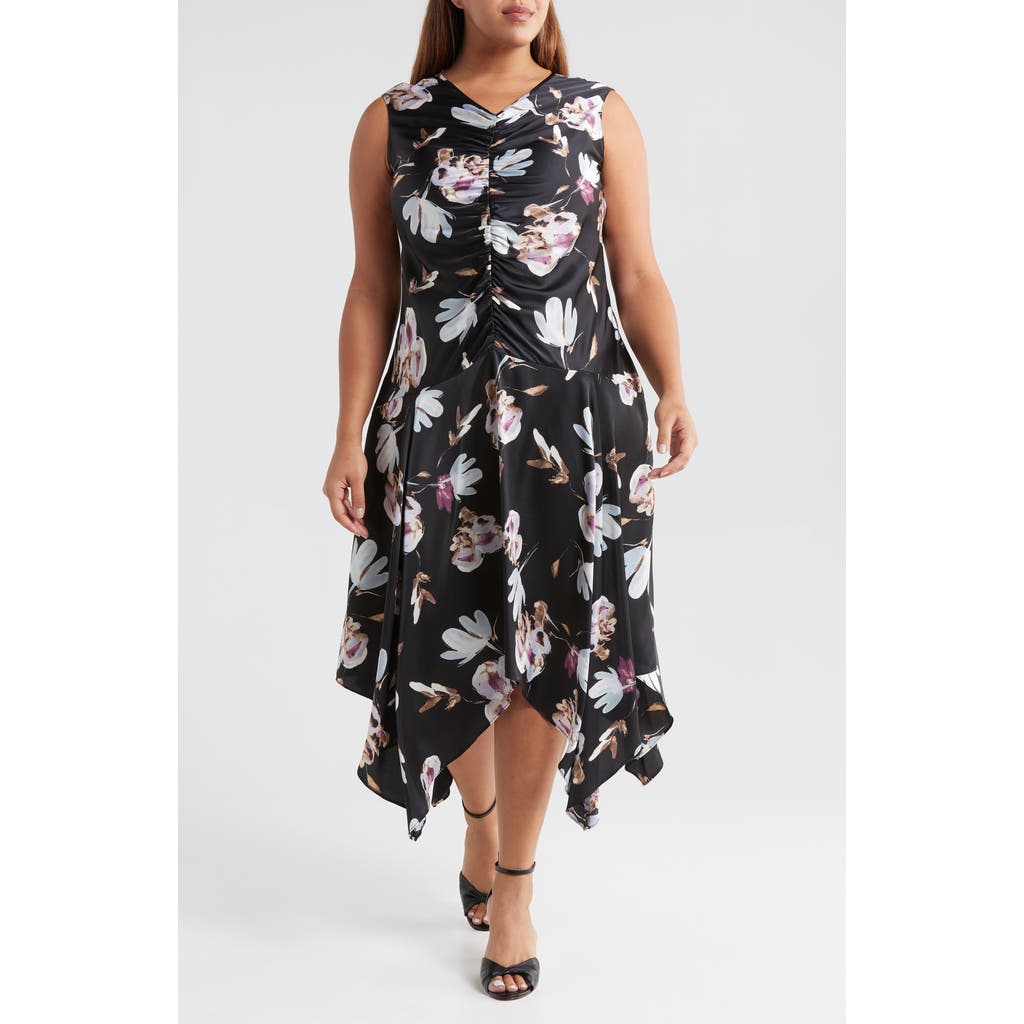 Melloday Ruched Handkerchief Satin Midi Dress In Black Floral Multi Floral