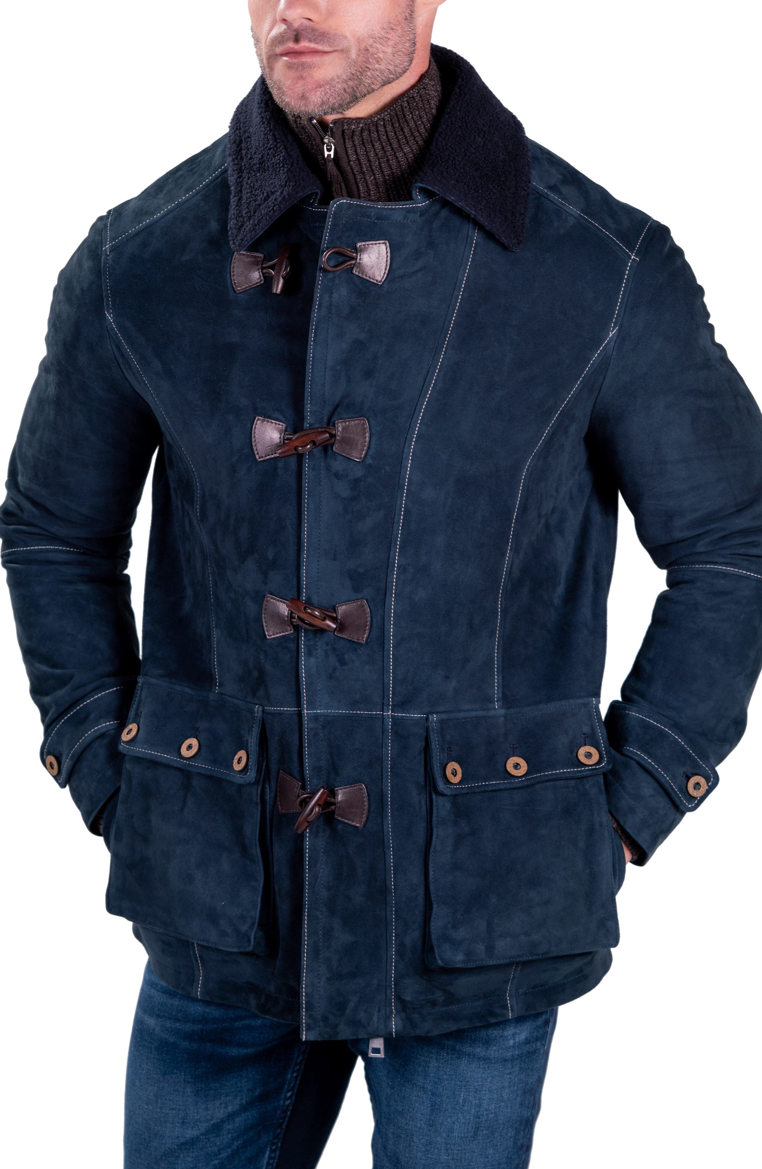 Comstock & Co. Paratrooper Water Resistant Reversible Leather & Nylon Bomber Jacket in Navy