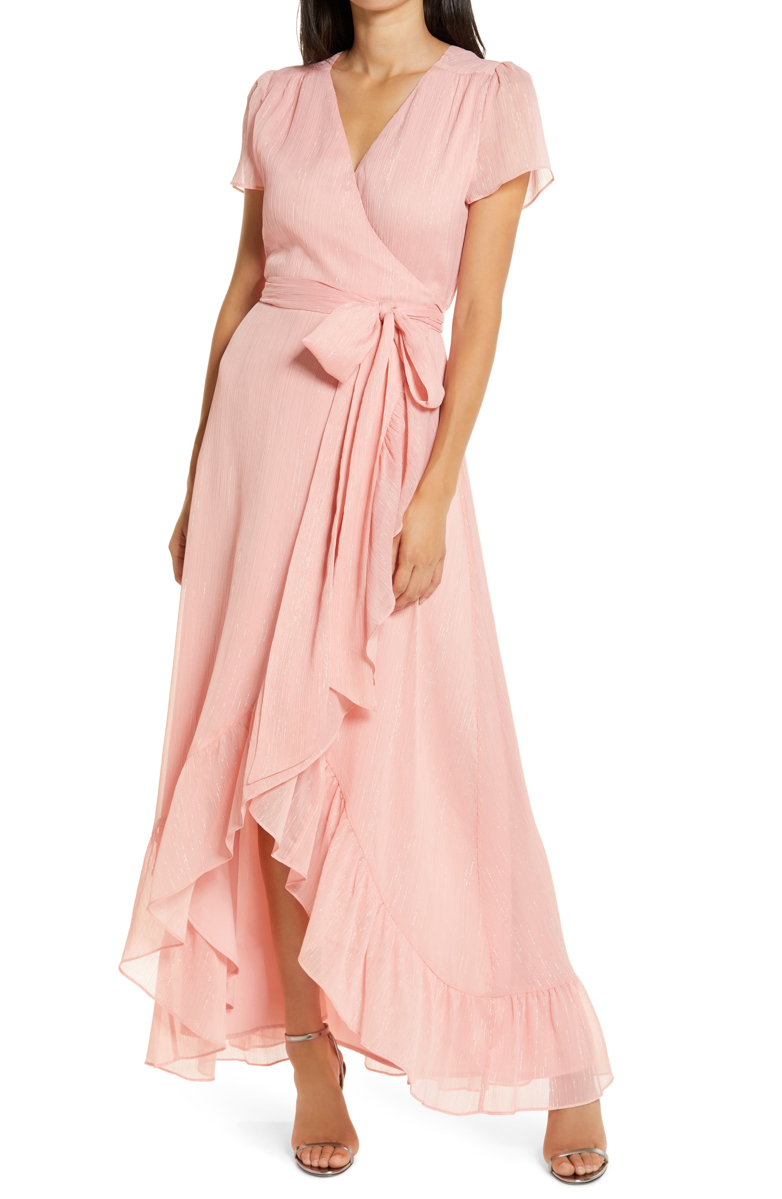 pink chiffon wrap dress