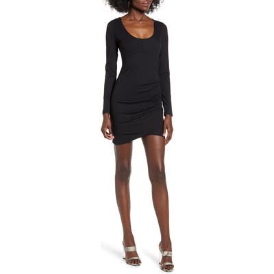Row A Long Sleeve Ruched Ribbed Body-Con Dress, Black