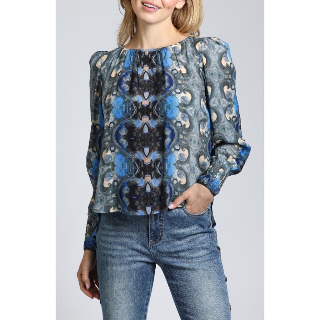 Apny Printed Smocked Cuff Top In Blue Multi