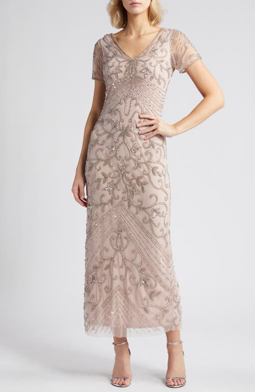 Beaded Mesh Column Gown in Lilac