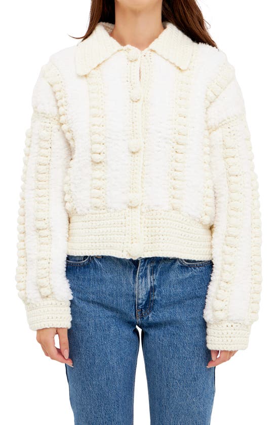 English Factory Premium Mixed Yarn Pompom Cardigan In Ivory