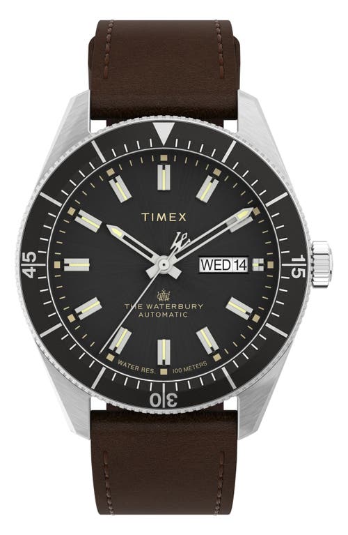 Timex Waterbury Automatic Leather Strap Watch, 40mm in Silver/Black/Brown at Nordstrom