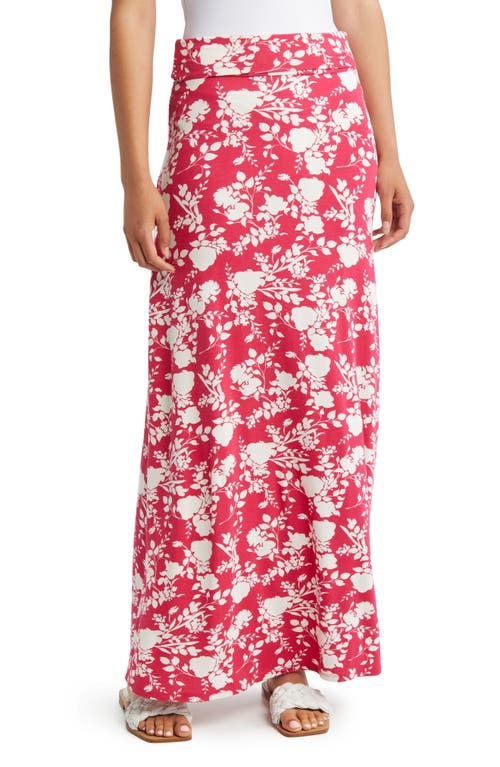 Loveappella Floral Roll Top Maxi Skirt In Magenta/ivory