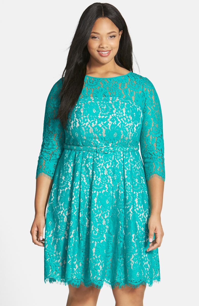 Eliza J Belted Lace Fit & Flare Dress (Plus Size) | Nordstrom