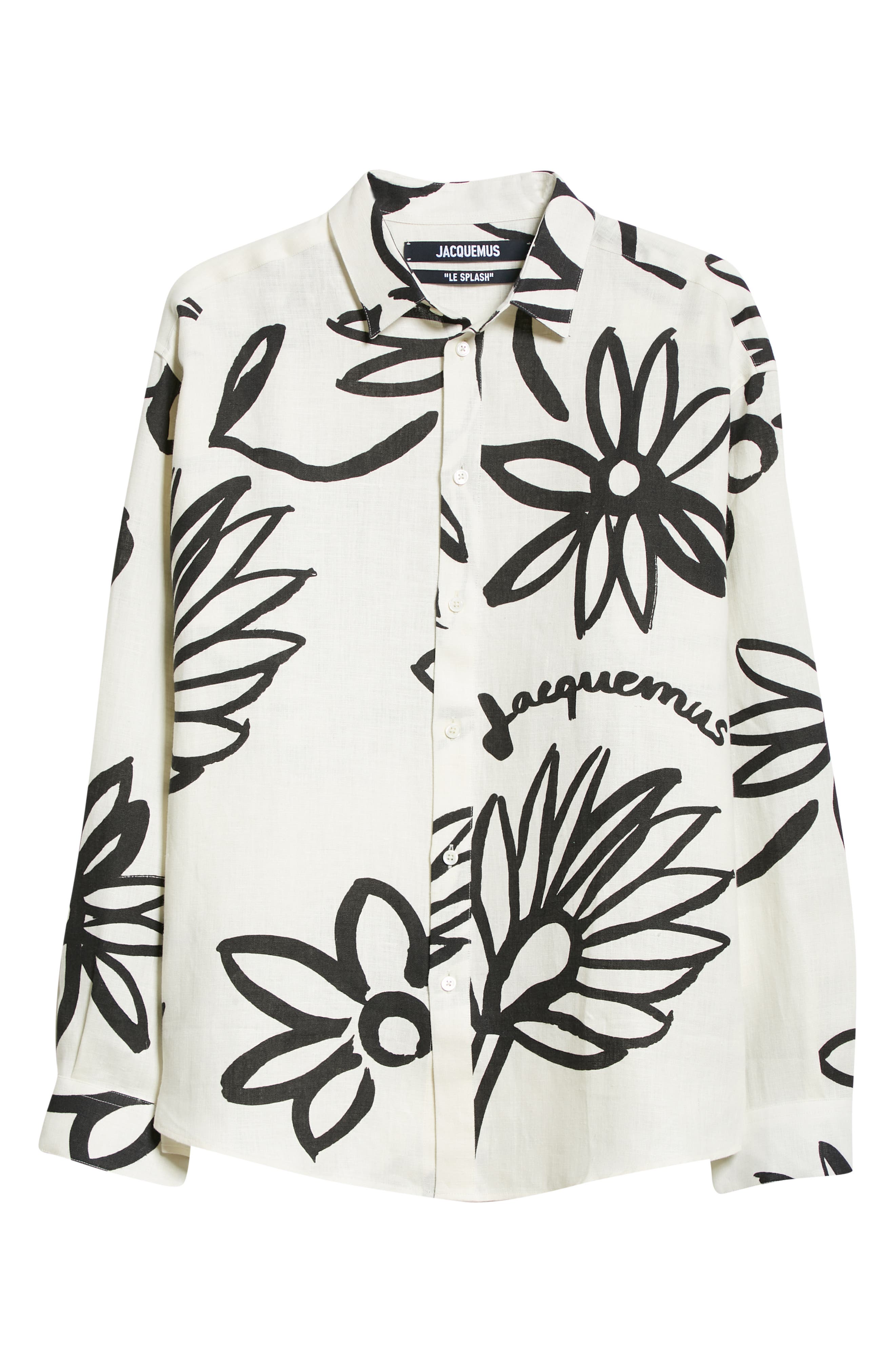 Jacquemus Men's La Chemise Simon Floral Print Linen Button-Up Shirt in Print Black/White Flowers at Nordstrom, Size 42 Us