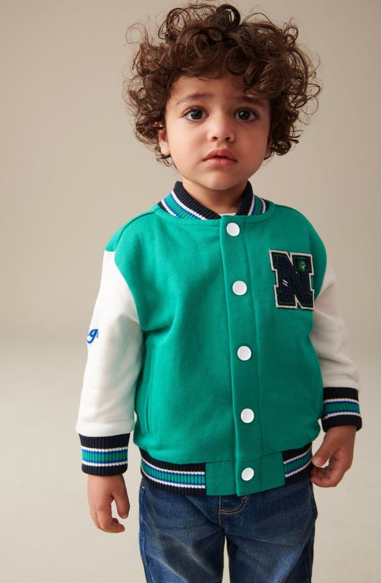 Shop Next Kids' Appliqué Colorblock Cotton Letterman Jacket In Green