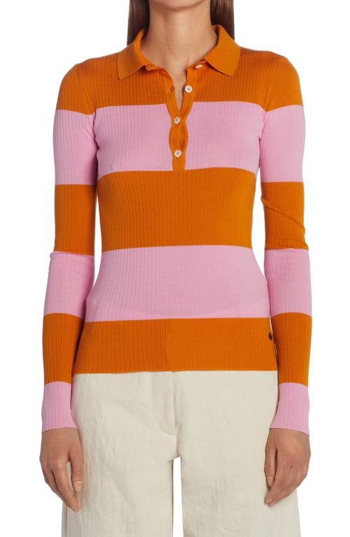 Moncler Genius Stripe Long Sleeve Polo Sweater in Orange/Pink