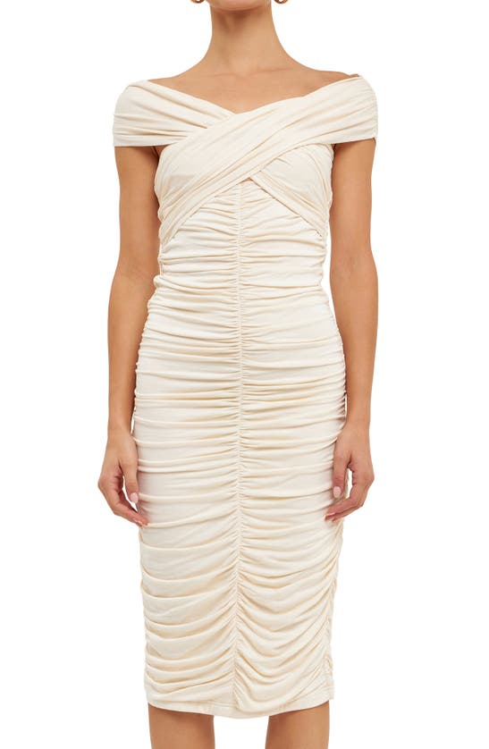 Endless Rose Off The Shoulder Ruched Midi Dress In Cream