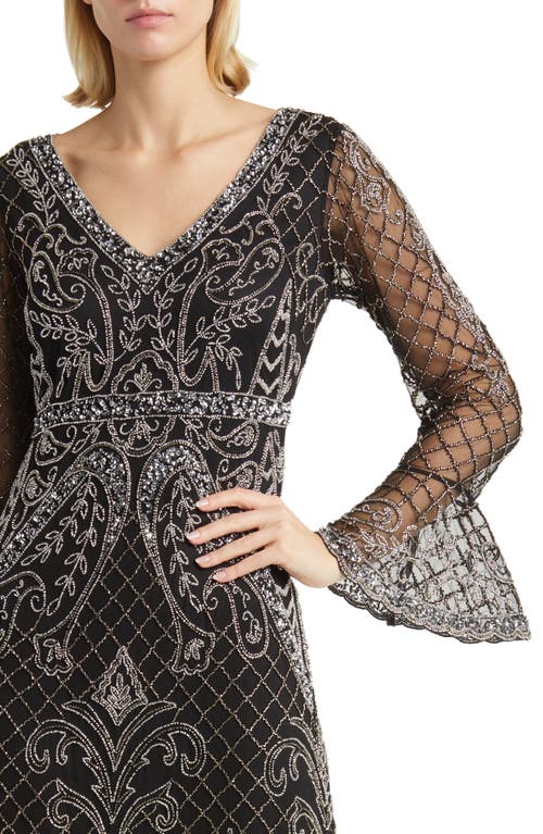 Shop Pisarro Nights Beaded Long Sleeve Gown In Black/silver 013