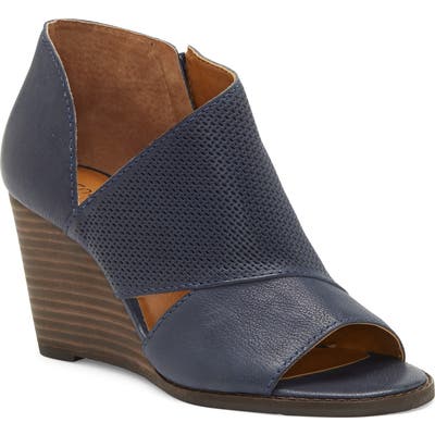 Lucky Brand Jedrek Perforated Open Toe Wedge Bootie, Blue