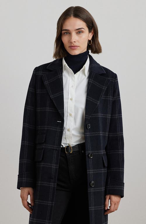 Ralph Lauren Lauren  Windowpane Plaid Longline Wool Blend Reefer Coat In Navy Blue/grey Windowpane